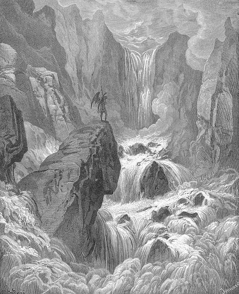 Gustave Doré. In with the river sunk, and with it rose Satan. Paul Gustave Doré, John Milton Paradise Lost, Milton Paradise Lost, Gustave Dore, Paradise Lost, Biblical Art, Classical Art, Gothic Art, Fallen Angel