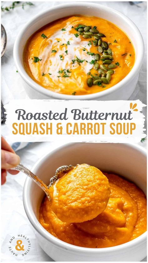 This roasted butternut squash and carrot soup is packed with fresh produce, bursting with flavor, and makes for a comforting, easy-to-make meal. Roasted Squash And Carrot Soup, Carrot And Turnip Soup, Carrot And Squash Soup, Carrot And Tomato Soup, Carrot Squash Soup, Carrot Butternut Squash Soup, Butternut Squash And Carrot Soup, Squash And Carrot Soup, Roasted Squash Soup