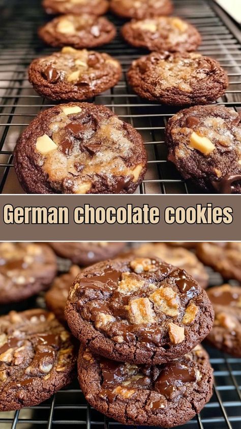 Decadent German Chocolate Cookies That Everyone Will Love! Cookies With Almonds In Them, Crumbl German Chocolate Cookie Copycat, Chocolate Pecan Coconut Cookies, German Chocolate Cookies Recipe, Chocolate Nut Cookies, Everything Cookies Recipe, Coconut Chocolate Cookies, Best Cookies Recipes, Forgotten Cookies Recipe