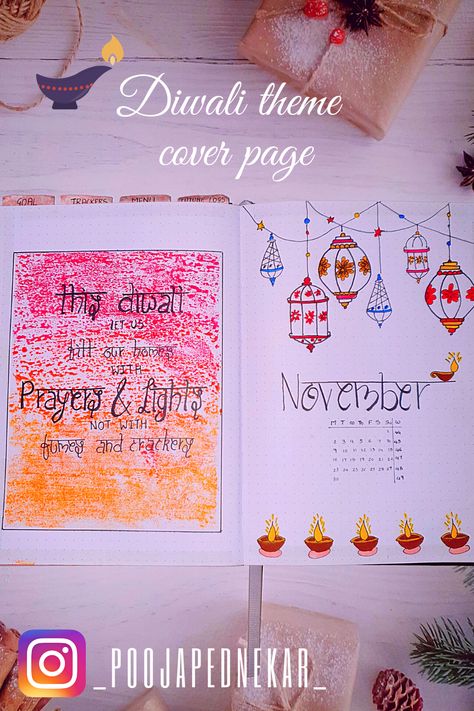 Diary Front Page Decoration Ideas, Front Page Design For Holiday Homework, Diwali Journal Ideas, Diwali Homework Front Page Decoration, Diwali Homework, November Cover Page, Bullet Journal Christmas Theme, Diwali Holiday, File Decoration