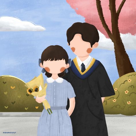 Couple Fanart Aesthetic, Hidden Love Fanart, Brother Sister Illustration, Sister Illustration, Kdrama Cartoon, Couple Graduation Pictures, Drawing Themes, Anime Canvas Painting, Korean Illustration