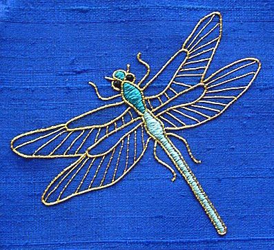 Embroidered Dragonfly, Dragonfly Embroidery, Dragon Flys, Gold Work Embroidery, Pola Sulam, Silk Ribbon Embroidery, Hand Embroidery Stitches, Gold Work, Embroidery Needles