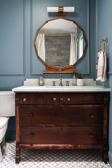 Want to turn a dresser into a vanity? Find out how to convert a vintage dresser into a bathroom vanity with this step by step tutorial! #diy #bathroominspo Antique Dresser As Bathroom Vanity, Dresser Sink Vanity, 1930s Vanity, Diy Picture Frame Molding, Dresser Sink, Vintage Bathroom Vanities, Dresser Vanity Bathroom, Vintage Bathroom Vanity, Lake Bathroom