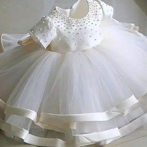 Ivory Tulle Skirt, Girls White Dress, Beaded Tulle, Girl Christening, Off White Dresses, Christening Dress, Timeless Dress