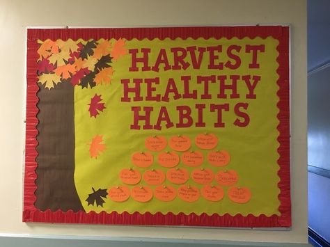 Healthy Living Bulletin Board Ideas, Fall Health Bulletin Boards, Harvest Healthy Habits Bulletin Board, Healthy Habits Bulletin Board, Synergize Habit 6 Bulletin Board, Elementary Bulletin Boards, Ra Bulletins, Ra Bulletin Boards, Res Life