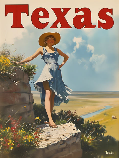 Welcome to our Vintage Texas Cowgirl Poster listing! Celebrate the charm and style of the Lone Star State with this picturesque travel poster. This art piece features a stylish cowgirl, poised and confident, set against a backdrop of Texas's stunning landscape, complete with vibrant wildflowers and a serene river view. This printable artwork is perfect for those who appreciate the fusion of fashion and nature, offering a unique blend of western nostalgia and chic sophistication. Vintage Texas Art, Texas Bedroom, Texas Cowgirl, Cowgirl Poster, Texas Poster, Southwestern Wall Art, Cowboy Aesthetic, Western Desert, Rustic Western Decor