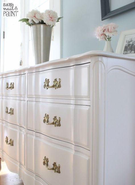 "Silky Smooth" French Provincial Dresser and Mirror Makeover Dresser And Mirror Makeover, Painted French Provincial Furniture, Provincial Dresser Makeover, French Provincial Dresser Makeover, Benjamin Moore Advance Paint, French Provincial Bedroom, Muebles Shabby Chic, Paint Cabinets, Upcycle Vintage