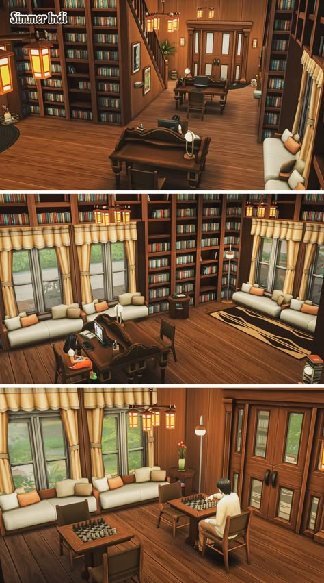 Sims4 Library Ideas, Sims 4 Library Room Ideas, Sims 4 Library Floor Plan, Sims 4 Home Library, Sims 4 Library Layout, Sims 4 Newcrest Library, Sims Bookstore, Sims 4 Base Game Library, Bloxburg Library Interior