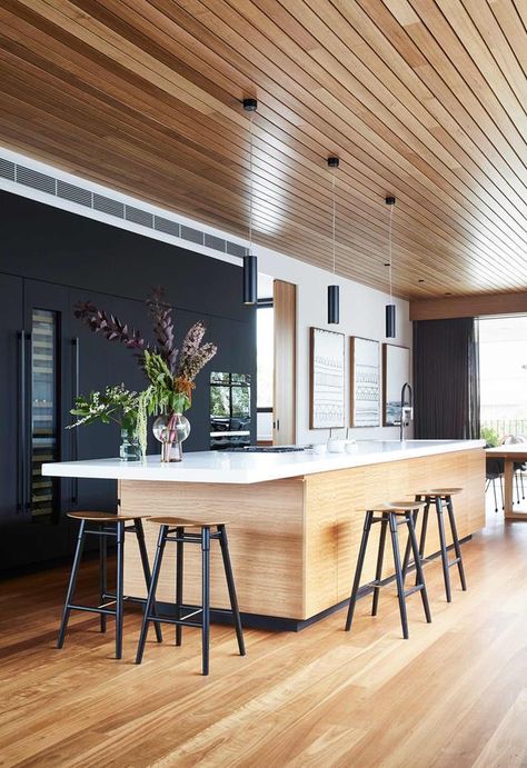 Timber Battens, Timber Ceiling, Homes To Love, Contemporary Coastal, Classic Kitchen, Kitchen Benches, Contemporary Kitchen Design, White Cabinetry, Kitchen Cabinetry