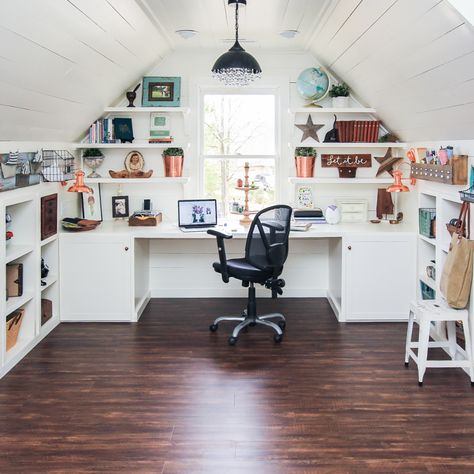 Sassy Home Office Attic Makeover, Attic Office, Attic Renovation Ideas, Finished Attic, Attic Closet, Attic Playroom, Loft Office, Attic Design, Attic Bathroom