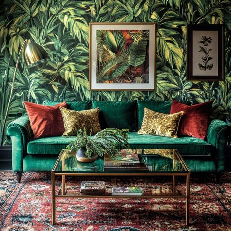 Feeling like I’m living in a tropical paradise right here at home. 🌿✨ The combination of velvet, gold accents, and botanical wallpaper brings that perfect touch of luxury to my living room. #BoldWallpaper #EclecticLivingRoom #BotanicalVibes #VelvetSofa #InteriorInspiration #LivingRoomGoals #BohoChic #HomeDecorInspo #TropicalRetreat Green Home Decor Ideas, Beautiful Indoor Plants, Sage Curtains, Sage Green Walls, Living Room Goals, Bold Wallpaper, Green Glass Vase, Eclectic Living Room, Branch Decor