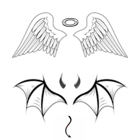 Angel Devil Wings Tattoo, Angel And Devil Wings Tattoo, Devil Wings Tattoo, Devil And Angel Tattoo, Angel Devil Tattoo, Angel Y Diablo, Devil Wings, Demon Wings, Ear Tattoo Ideas