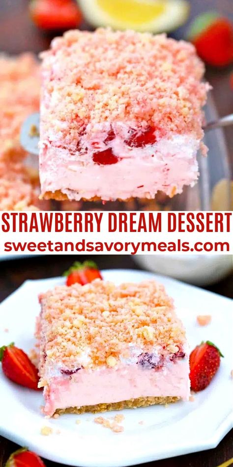 Strawberry Dream Dessert is made with strawberries, layers of whipped cream, and cream cheese on a graham cracker crust, topped with strawberry crumbles. Summer Dessert Recipes Strawberry, Easy Spring Desserts Simple, Strawberry Party Desserts, Impossible Desserts, Quick Strawberry Desserts, Summer Strawberry Desserts, Recipes Using Fresh Strawberries, Healthy Strawberry Desserts, Strawberry Cream Cheese Dessert