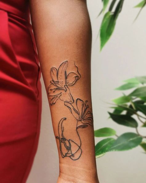 Tattoo With Lily Flowers, Line Art Lily Tattoo, Lily Stargazer Tattoos, Lillies Tattoo Designs, Tiger Lily Tattoos For Women, Abstract Tattoo Flower, Lily Wrap Around Tattoo, Lillie’s Tattoo, Lily Wrist Tattoo