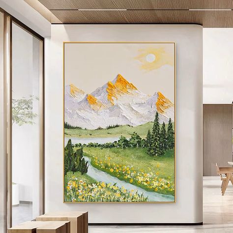 Wall Scenery Painting, Texture Landscape Painting, River Oil Painting, Best Canvas Paintings For Living Room, Landscape Painting Ideas On Canvas, Green Blue Painting, Garden Acrylic Painting, Yellow Flower Wall, Painting Mountains