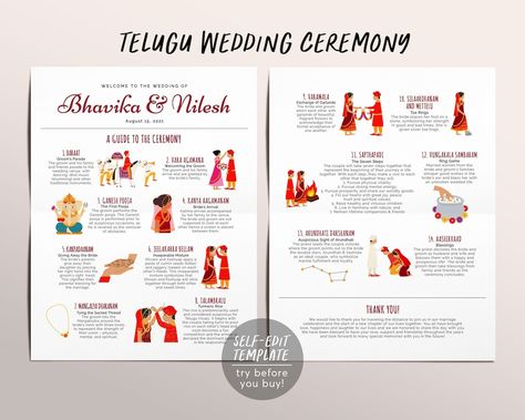 Buy Editable Telugu Ceremony Program Telugu Wedding Program Online in India - Etsy Fun Wedding Programs, Wedding Invitation Posters, Ceremony Program Template, Newspaper Wedding Programs, Wedding Infographic, Unique Wedding Programs, Hindu Wedding Ceremony, Printable Wedding Programs, Wedding Newspaper