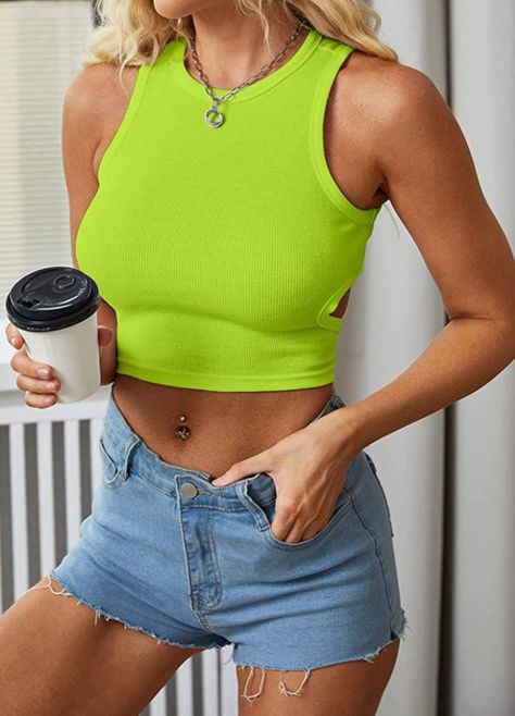 lime green ribbed crop top circles cut out on the side Summer Halter Tops, Backless Halter Top, Neon Outfits, Body Curves, Plus Size Tank Tops, Ribbed Crop Top, Cute Crop Tops, Trendy Shirts, Outfit Combinations