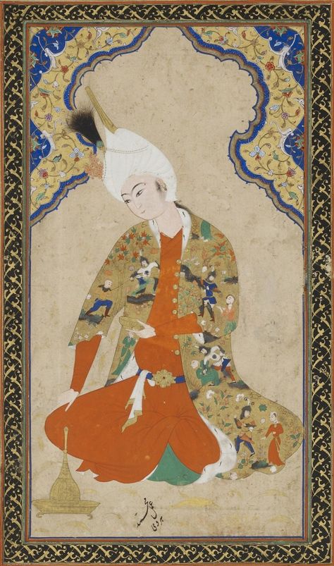 A Young Prince by Muhammad Haravi (mid-16th century) Persian Miniatures, Opaque Watercolor, Herat Afghanistan, معرض فني, Illustrated Manuscript, Persian Art Painting, Persian Miniature, Textile Museum, Miniature Paintings