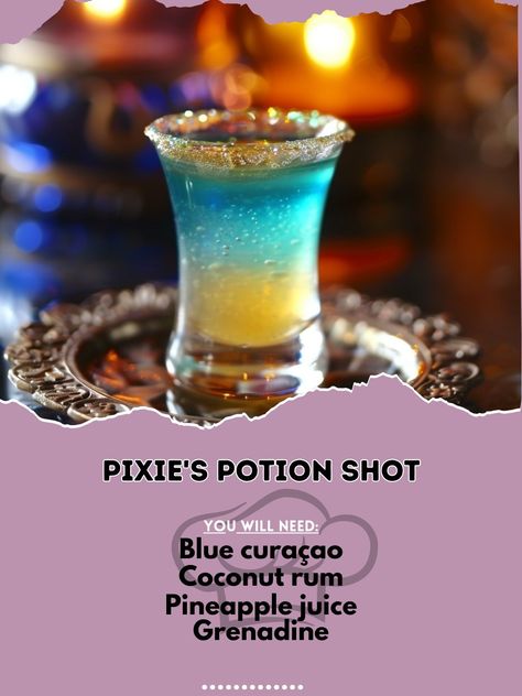 🧚‍♂️ Get enchanted with Pixie's Potion Shot! ✨ #MagicalShots #FantasyFlavors Pixie's Potion Shot Ingredients: Blue curaçao (1/2 oz) Coconut rum (1/2 oz) Pineapple juice (1/2 oz) Grenadine (dash) Edible glitter (for garnish) Instructions: Layer blue curaçao, coconut rum, and pineapple juice in a shot glass. Add a dash of grenadine for a magical effect. Garnish with edible glitter. Let the magic begin! 🧚‍♀️🍍✨ #PixieMagic #MagicalShots #RecipeInspire Edible Glitter Drinks Non Alcoholic, Drinks With Glitter, Fantasy Drinks, Creative Alcoholic Drinks, Rum And Pineapple Juice, Halloween Beverages, Alcohol Ideas, Beautiful Drinks, Halloween Recipes Drinks