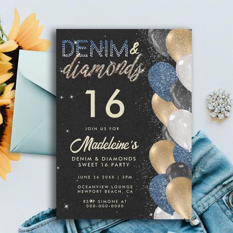 $2.98 | Denim Diamonds Balloons Arch Sweet 16 Birthday - denim and diamonds, elegant stylish classy, sparkling sparkle, bokeh lights, shimmering shimmers, glitter glittering, gold silver diamond bling, elegant classy stylish, denim and diamonds birthday, sweet 16 sixteen sixsteenth Denim And Diamonds Theme, Denim Diamonds, Diamond Theme, Denim Background, Balloons Arch, 16 Invitations, 21st Birthday Party, 16th Birthday Invitations, 21st Birthday Invitations