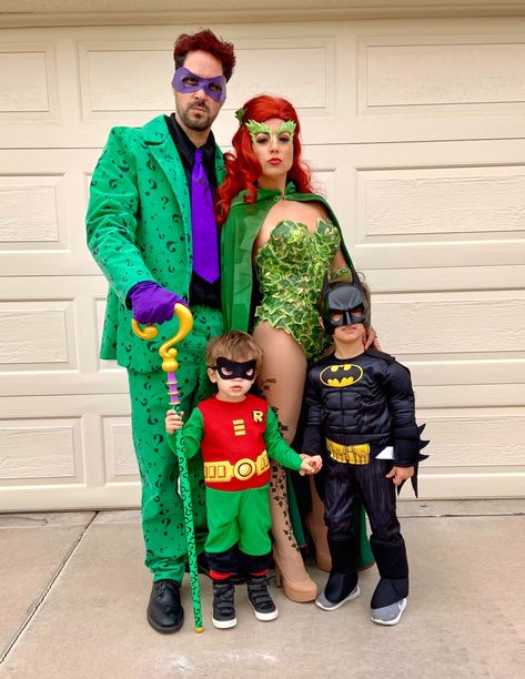 Family Dc Costumes, Batman Family Costumes Halloween, Family Batman Theme Costumes, Family Halloween Costumes With 2 Boys, Family Of 4 Costume Ideas 2 Boys, Dc Family Costumes, Family Batman Costumes, Batman Group Costumes, Family Costume Ideas For 3 With Baby Boy