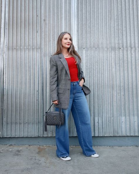 Wearing the wide leg jean trend over 40, #trendyover40 #trendyover50 #denimtrends #jeansforfall22 #fallstyle #fallOOTD #casaulootd #plaidblazer #ecofriendly #sustainablestyle #converse #bodysuit #KendraScott Style Inspiration Petite, Wide Leg Jeans Plus Size, Cozy Sweaters Outfits, Clean Out Your Closet, Style Wide Leg Jeans, Wide Leg Jeans Outfit, Jeans And Converse, Target Finds, Teaching High School