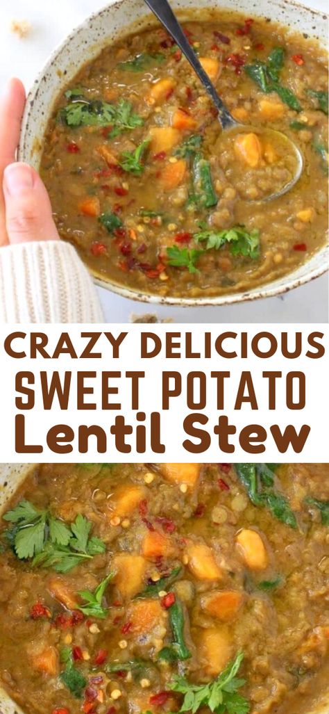 Lentil And Potato Stew, Vegan Lentil Stew Crockpot, Stew With Lentils, Easy Curry Lentil Recipes, Sweet Potato And Lentil Stew, Sweet Potato And Lentil Chili, Moroccan Sweet Potato Lentil Stew, Beans And Sweet Potato Recipe, Lentil Soup Sweet Potato