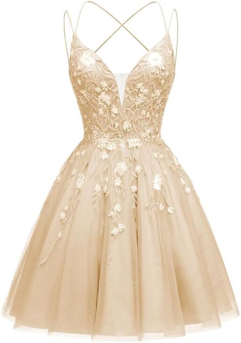 Spring Ball Dresses, Gold Dama Dresses, Damas Dresses For Quince, Short Champagne Dress, Tulle Prom Dress Short, Applique Prom Dress, Tulle Dress Short, Floral Homecoming Dresses, Spring Ball