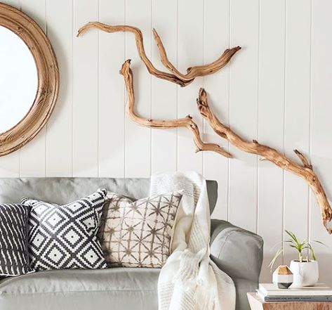 Large Drift Wood Wall Art Sculptures with Driftwood Branches Mounted on the Wall. Instant Art from the Shore. Featured on Completely Coastal. Beach Wood Wall Art, Large Driftwood Decor, Driftwood Accent Wall, Drift Wood Wall Decor, Large Driftwood Wall Art, How To Hang Driftwood On Wall, Driftwood Wall Art Diy, Driftwood On Wall, Decorating With Driftwood