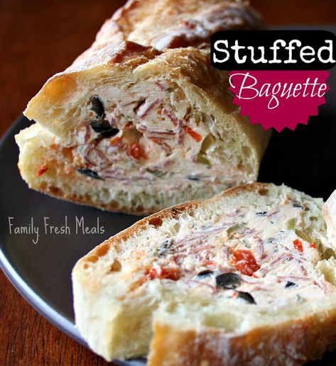 Stuffed Baguette Recipe Family Fresh Meals #appetizer #stuffedbread #bread #familyfreshmeals Crowd Pleaser Appetizers, Stuffed Baguette, Super Easy Appetizers, Baguette Recipe, Gourmet Appetizers, Stuffed Bread, Fresh Meals, Family Fresh Meals, Pot Luck