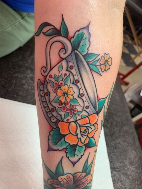 Neotraditional Coffee Tattoo, Traditional Teacup Tattoo, Tea Pot Tattoo, Tea Tattoos, Tea Cup Tattoo, Cool Nature Tattoos, Teapot Tattoo, Personal Tattoos, Leg Tats