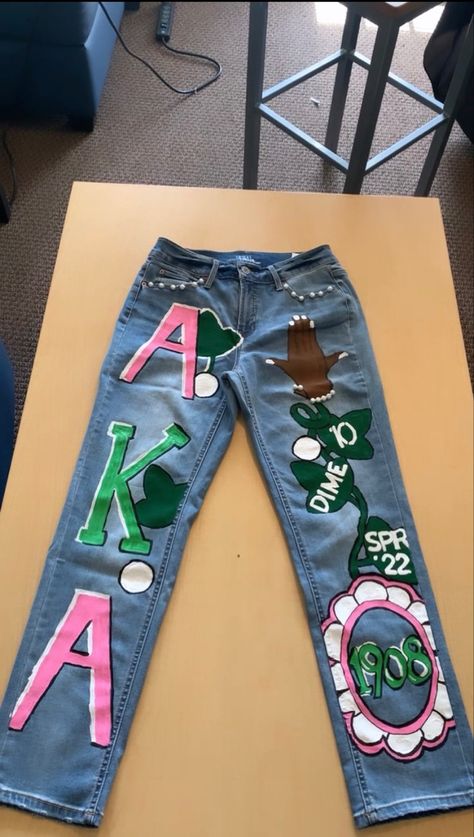 #customjeans Aka Custom Jeans, Aka Painted Jeans, Sorority Painted Jeans, Alpha Kappa Alpha Sorority Outfits, Probate Outfit Greek Aka, Aka Founders Day Outfit, Aka Sorority Outfits, Alpha Kappa Alpha Clothing, Aka Founders