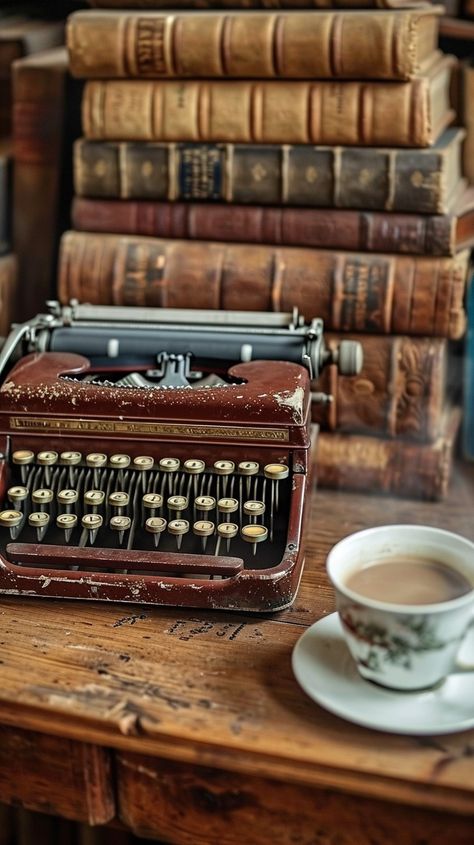 Download 'Vintage Writing Setup' - An old-fashioned typewriter sits on a wooden desk next to a cup of tea, evoking nostalgia. - Get this free stock photo and more high-quality images on StockCake. No attribution required. Typewriter Ideas, Vintage Desk Setup, Writing Setup, Typewriter Aesthetic, Sara Cate, Typewriter Stand, Old Fashioned Typewriter, Old Bookshelves, Old Typewriter