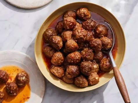 Sweet and Spicy Meatballs Pepper Jelly Meatballs, Food Network Meatballs, Delicious Miss Brown Recipes, Miss Brown Recipes, Southern Succotash, Sweet And Spicy Meatballs, Spicy Meatballs Recipe, Delicious Miss Brown, Kardea Brown