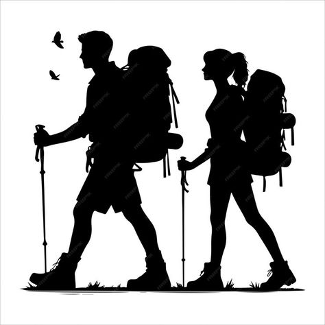 Hiking silhouette vector male and female hiker set illustration | Premium AI-generated vector Hiking Drawing, Hiking Silhouette, Hiking Illustration, Outdoors Logo Design, Female Hiker, Outdoor Logos, Couple Silhouette, Fashion Templates, Character Design Sketches