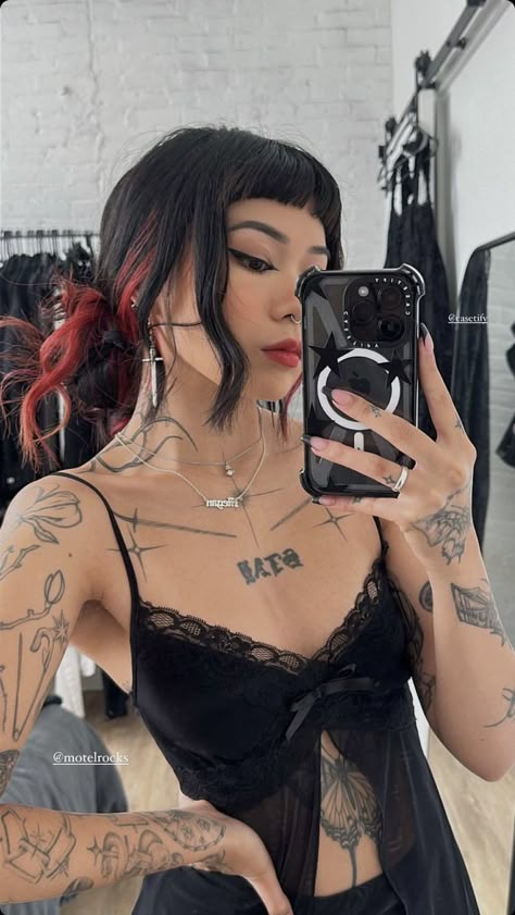 Meg Murayama Tattoos, Meg Murayama, Chest Tattoos For Women, Creative Hairstyles, Hair Inspiration Color, Body Modifications, Gothic Girls, Fantasy Fashion, Aesthetic Outfits