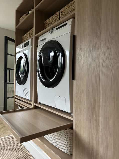 Washing Machine In Dressing Room, Laundry Ikea Ideas, Washing Machine In Garage Ideas, Beautiful Laundry Rooms Luxe, Ikea Hack Washing Machine, Ikea Washing Room, Utility Room Ideas Raised Washing Machine, Ikea Laundry Room Organization, Pax Utility Closet