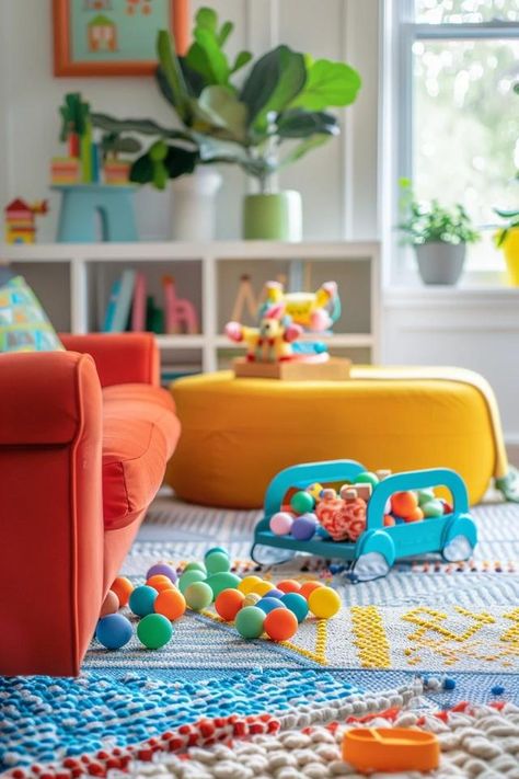 Versatile Family Room &amp; Playroom Combo Ideas Living And Playroom Combo, Family Room Playroom Combo, Living Room Playroom Combo, Double Duty Furniture, Family Room Playroom, Living Room Playroom, Versatile Furniture, Playroom Wall Art, Functional Space