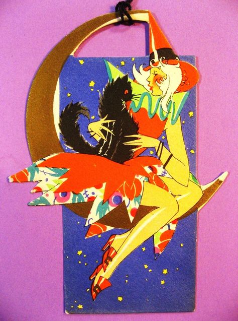 Vintage Art Deco Halloween Pretty Witch Bridge Tally, Flapper Witch, Cat, Unused 1930s Halloween, Art Deco Halloween, 1920s Halloween, Pretty Witch, Deco Halloween, Scary Cat, Pretty Orange, Witch Cat, Antique Paper