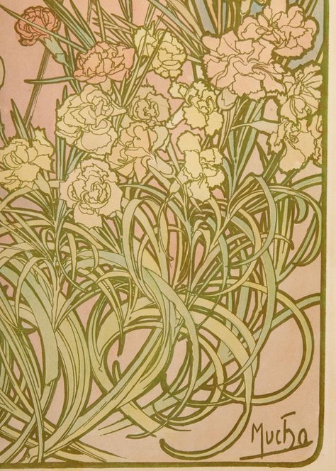 Alphonse Mucha Art Nouveau Poster, Art Nouveau Carnation, Art Nouveau Plants, Art Nouveau Marigold, Alphonse Mucha Flowers, Botanical Editorial, Art Nouveau Mural, Mucha Flowers, Art Nouveau Flowers Illustration