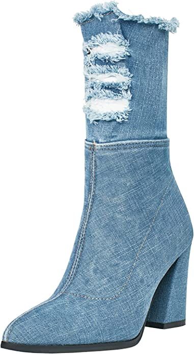 Amazon.com | Agodor Women's Denim Ankle Boots Pointed Toe Chunky High Heel Booties with Zipper (US 9, short light blue) | Shoes Blue Jean Boots, Summer High Heel Denim Blue Boots, Denim Boots Lyst, Luxury Denim Boots, Jean Boots, Trendy Denim Knee-high Boots, Ankle Boots Pointed Toe, Trendy Denim Ankle-high Boots, Light Blue Shoes