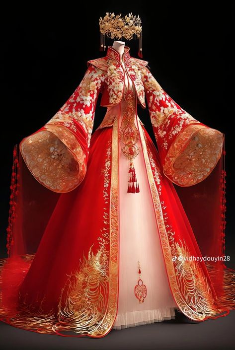 Chinese Gown Traditional, Japanese Empress Dress, Chinese Royal Dress, Anime Queen Dress, Red Fantasy Dress Queens, Japanese Princess Dress, Chinese Traditional Dress Princesses, Royalty Painting, Chinese Empress Dress