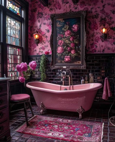 Girly Apartment Ideas, Pink Bathroom Decor, Girly Apartments, Pink Tiles, Boho Bathroom, Bathroom Inspiration Decor, Pink Bathroom, Bathroom Inspo, Maximalism