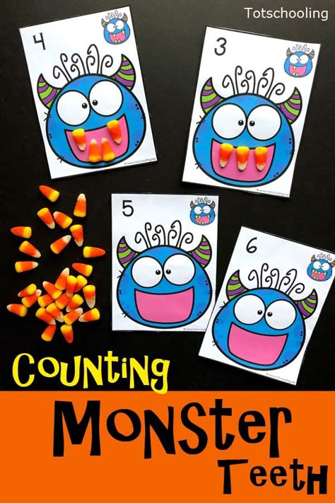 Halloween Kindergarten Reading Activities, Candy Corn Monster Craft, Pre K Halloween Math Activities, Monster Counting Activity, Monster Week Preschool, Monster Math Preschool, Halloween Counting Kindergarten, Candy Corn Math Activities, Candy Corn Counting Preschool