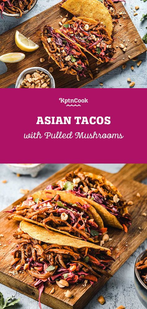 The best fusion cuisine you'll ever try: Asian Tacos with Pulled Mushrooms. These vegan tacos will captivate you. #KptnCook Asian Tacos, Mushroom Tacos, Tempeh Recipes, Vegetarian Cabbage, Easy Asian, Vegan Mayonnaise, Vegan Tacos, Best Vegetarian Recipes, Dehydrated Food