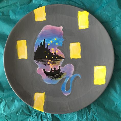 Tangled Pottery Painting, Sunset Pottery, Rapunzel Silhouette, Disney Pottery, Cup Pictures, Disney Plates, Disney Night, Cat Pottery, Bowl Ideas