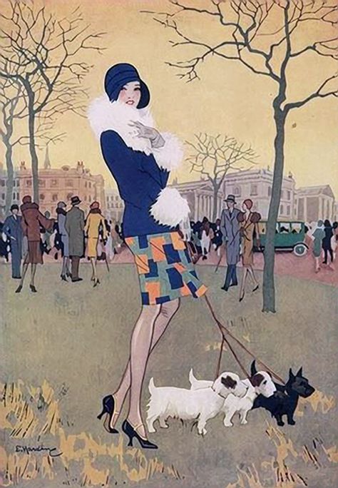 Harding, Elsie - Lady Walking Dogs in Park, Autumn- 'Bystander' mag- Nov. 1928 Lady Walking, Art Deco Illustrations, Art Deco Illustration, Art Deco Lady, Art Deco Print, Fashion Illustration Vintage, Deco Poster, Art Deco Posters, Unframed Art Prints