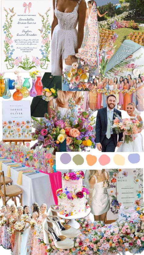 Multicolor Spring Wedding, Fairytale Wedding Color Schemes, Wedding Mood Board Ideas Summer, Multicolor Wedding Theme, Boho Colorful Wedding, Wildflower Color Palette Wedding, Bright Wedding Theme, Bright Wedding Color Schemes, 5k Wedding