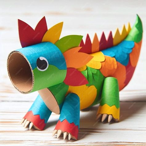 Premium Photo | Colorful Handmade Dinosaur Craft from Recycled Cardboard Tube Cardboard Tube Crafts, Dinosaur Craft, Handmade Dinosaur, Cardboard Crafts Kids, Recycled Toys, Toilet Paper Roll Art, Rolled Paper Art, Dinosaur Crafts, Toilet Paper Roll Crafts