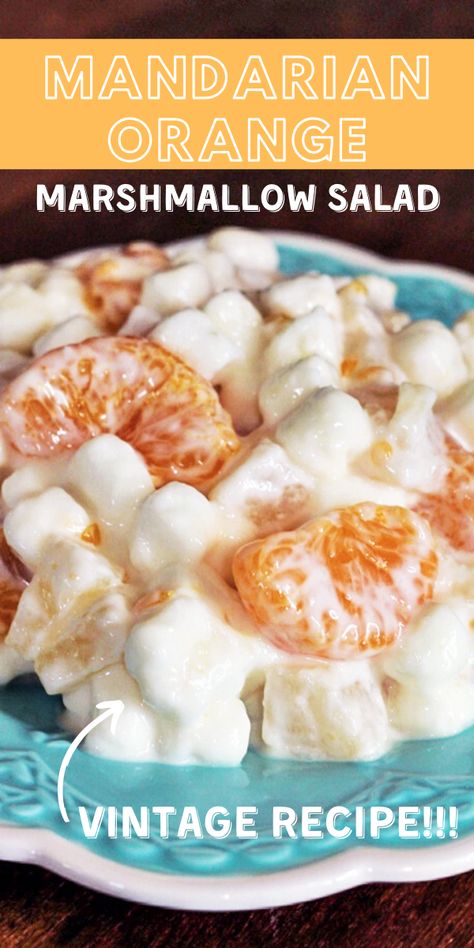 There are a lot of tasty fruit salads out there, but adding fresh, puffy marshmallows adds a wonderful taste and mouthfeel. If you haven’t tried it before, the marshmallows soak up all the delicious fruit juices and puff up a bit. Deliciousness! This recipe has a trio of fruits: mandarin oranges, pineapple and pear. Mix with that your favorite vanilla yogurt and marshmallows and let it get happy in the fridge for a few hours before serving. Mandarin Marshmallow Salad, Mandarine Orange Salad, Marshmallow Salad Recipe, Mandarin Orange Recipes, Marshmallow Fruit Salad, Orange Fruit Salad, Spark Recipes, Fluff Salads, Marshmallow Salad